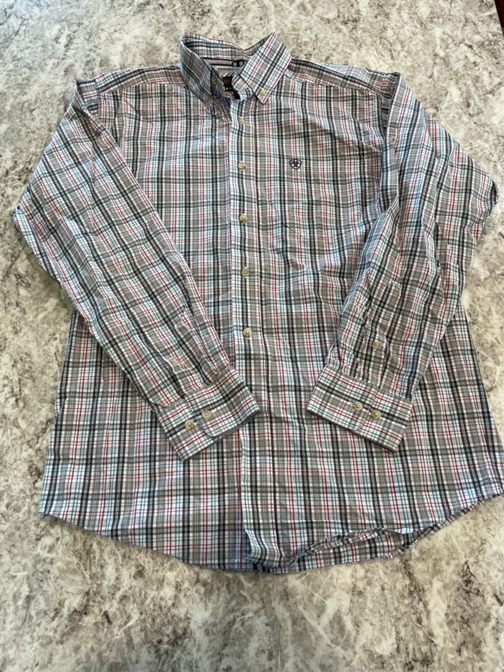 Ariat Pro Series Button Up Shirt Mens Small Plaid Western Cowboy Logo